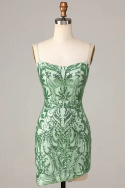 Fancioso Flirt Bodycon Esparguete Correias Verde Sequins Short Homecoming Dress