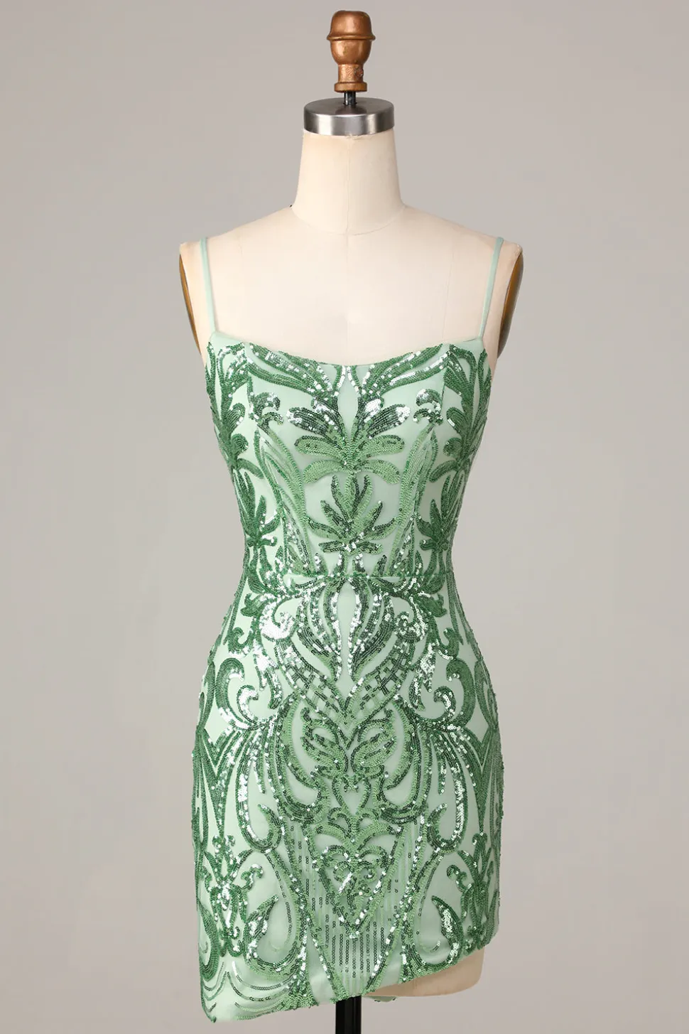 Fancioso Flirt Bodycon Esparguete Correias Verde Sequins Short Homecoming Dress