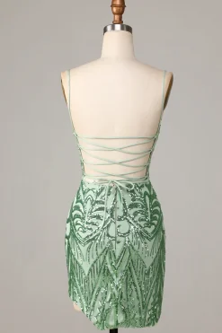 Fancioso Flirt Bodycon Esparguete Correias Verde Sequins Short Homecoming Dress