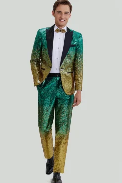 Fatos de lapel de 2 peças de verde dourados