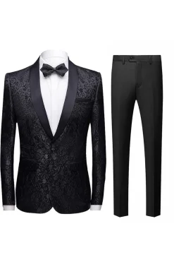 Fatos Masculinos 2 Peças Jacquard Lapela Redonda Preto