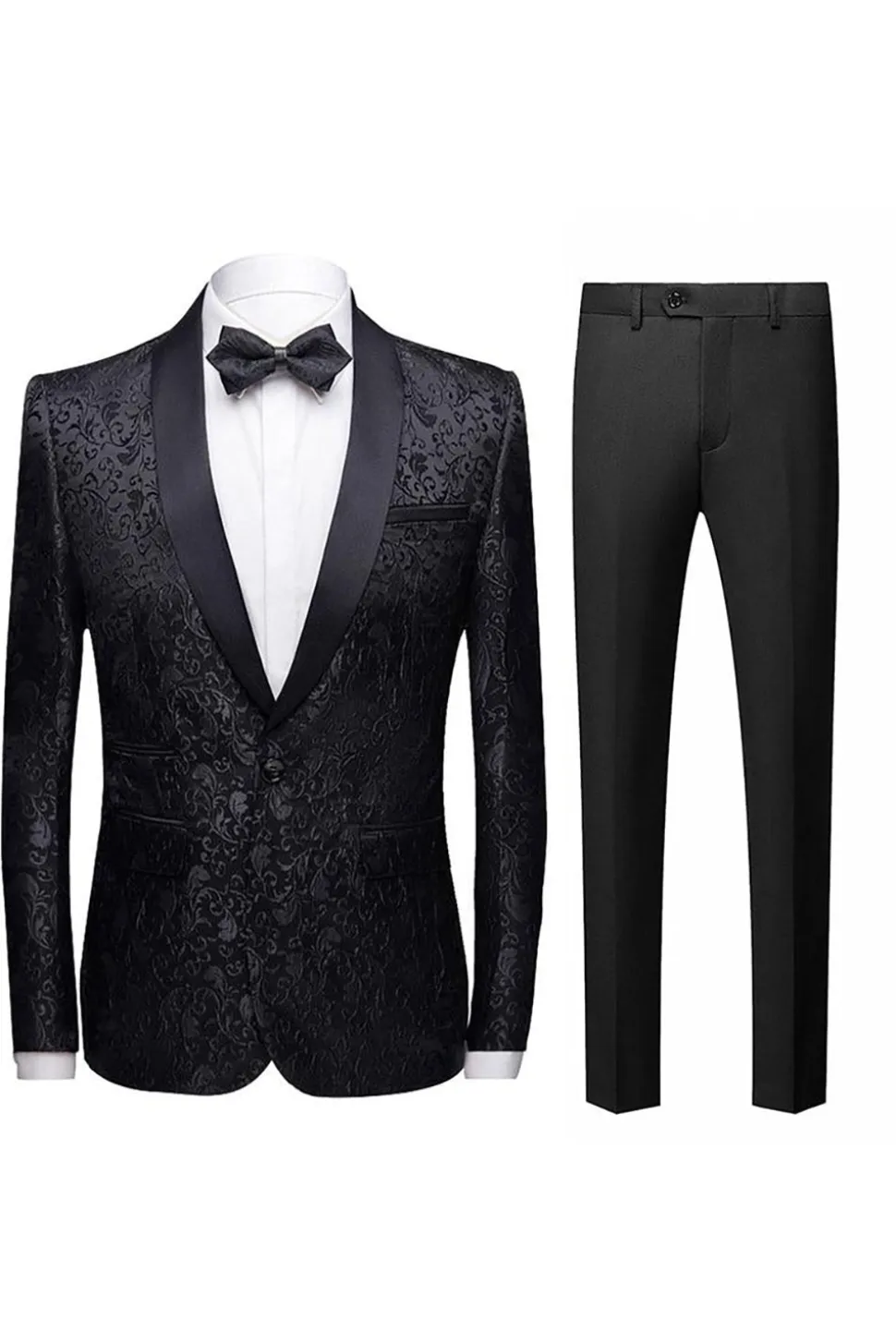 Fatos Masculinos 2 Peças Jacquard Lapela Redonda Preto