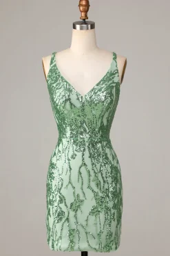 Fazendo bainha mágica V-Neck verde sequins curto homecoming vestido com backless
