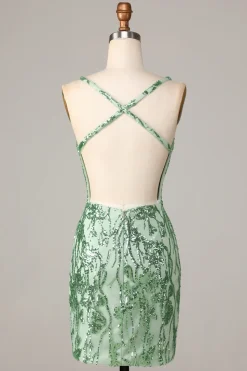 Fazendo bainha mágica V-Neck verde sequins curto homecoming vestido com backless
