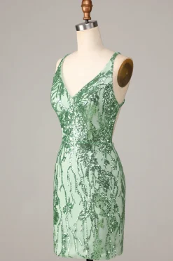 Fazendo bainha mágica V-Neck verde sequins curto homecoming vestido com backless