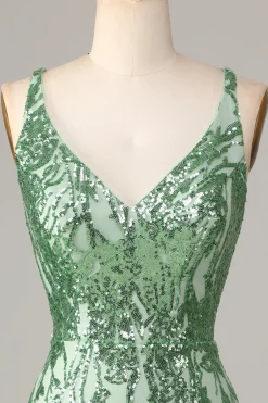 Fazendo bainha mágica V-Neck verde sequins curto homecoming vestido com backless