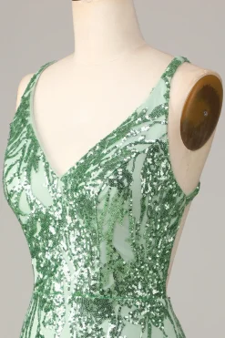 Fazendo bainha mágica V-Neck verde sequins curto homecoming vestido com backless