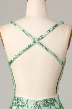 Fazendo bainha mágica V-Neck verde sequins curto homecoming vestido com backless