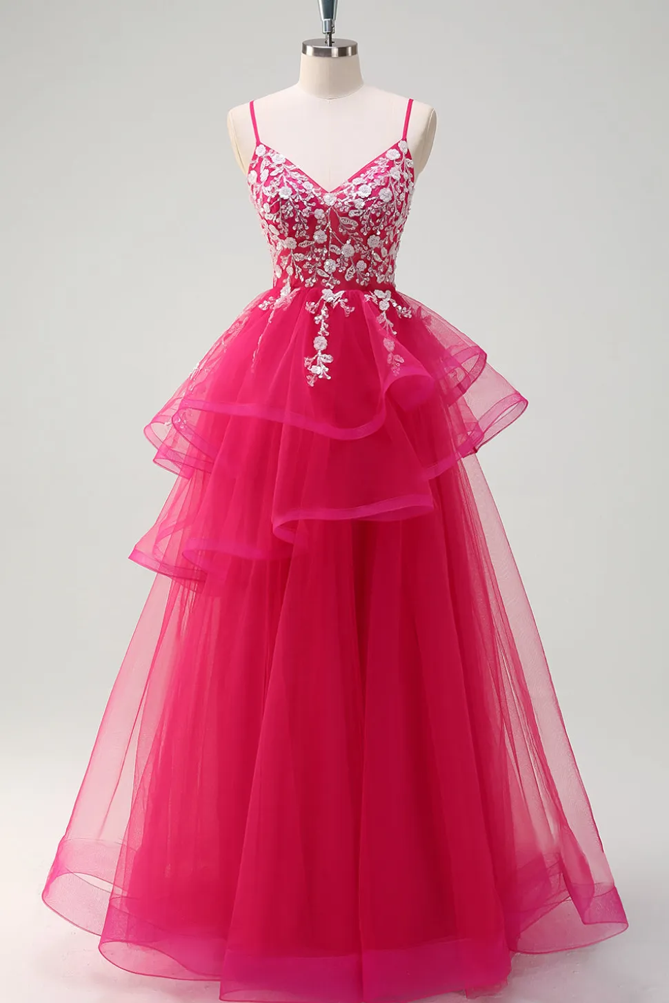 Fúcsia brilhante A-Line Esparguete Correias Fúcsia Tule Longo Vestido de Baile com Apliques