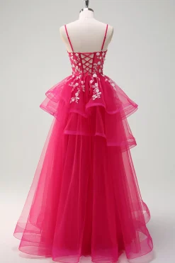 Fúcsia brilhante A-Line Esparguete Correias Fúcsia Tule Longo Vestido de Baile com Apliques