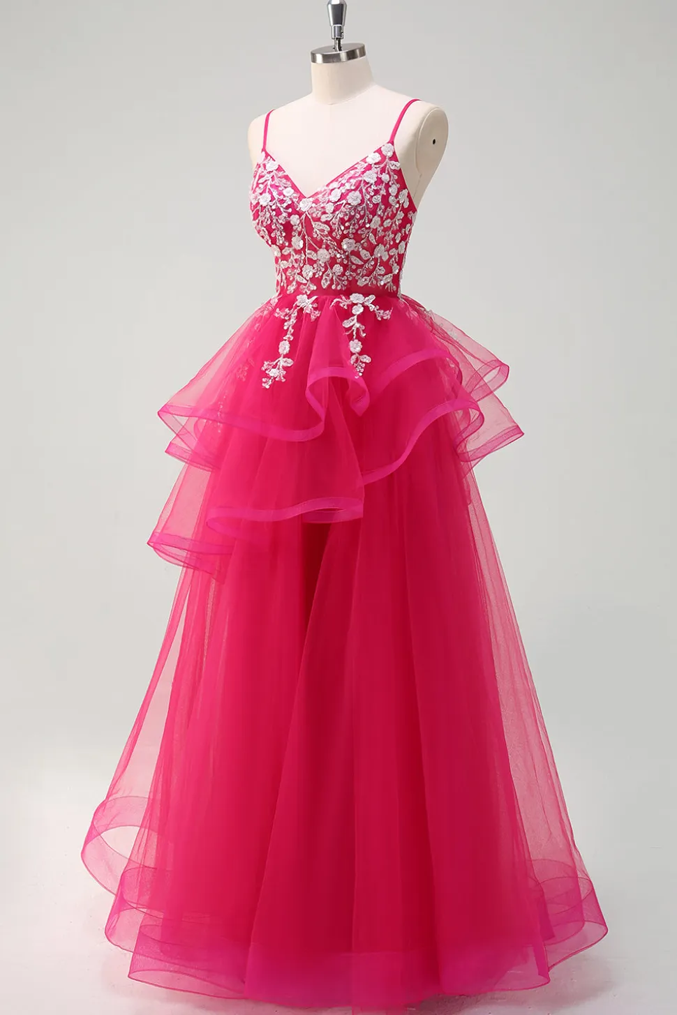 Fúcsia brilhante A-Line Esparguete Correias Fúcsia Tule Longo Vestido de Baile com Apliques