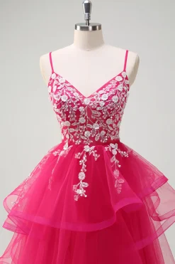 Fúcsia brilhante A-Line Esparguete Correias Fúcsia Tule Longo Vestido de Baile com Apliques