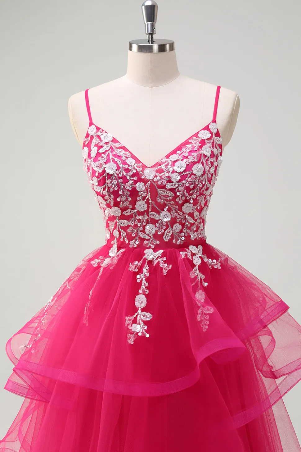 Fúcsia brilhante A-Line Esparguete Correias Fúcsia Tule Longo Vestido de Baile com Apliques