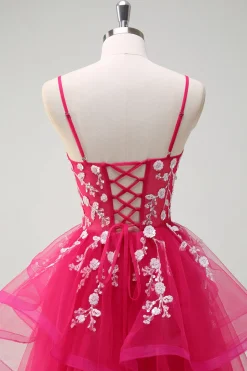 Fúcsia brilhante A-Line Esparguete Correias Fúcsia Tule Longo Vestido de Baile com Apliques