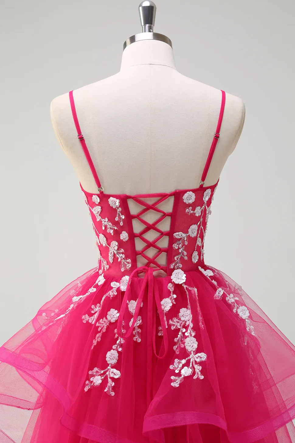 Fúcsia brilhante A-Line Esparguete Correias Fúcsia Tule Longo Vestido de Baile com Apliques