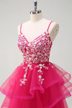 Fúcsia brilhante A-Line Esparguete Correias Fúcsia Tule Longo Vestido de Baile com Apliques