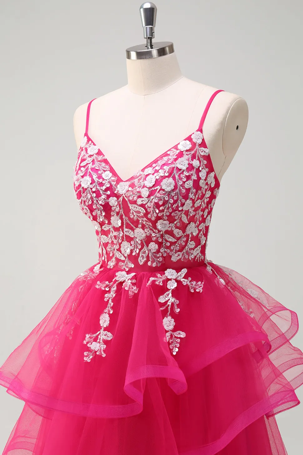 Fúcsia brilhante A-Line Esparguete Correias Fúcsia Tule Longo Vestido de Baile com Apliques