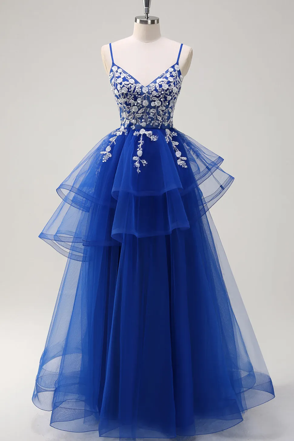 Fúcsia brilhante A-Line Esparguete Correias Fúcsia Tule Longo Vestido de Baile com Apliques