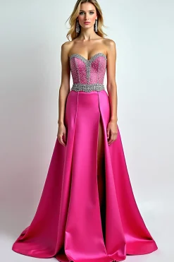 Fúcsia brilhante Uma linha de lantejoulas querida vestido longo baile de formatura com fenda