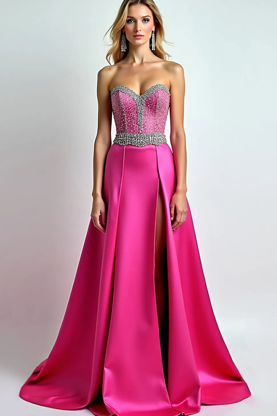 Fúcsia brilhante Uma linha de lantejoulas querida vestido longo baile de formatura com fenda