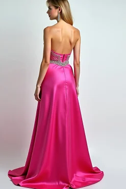 Fúcsia brilhante Uma linha de lantejoulas querida vestido longo baile de formatura com fenda