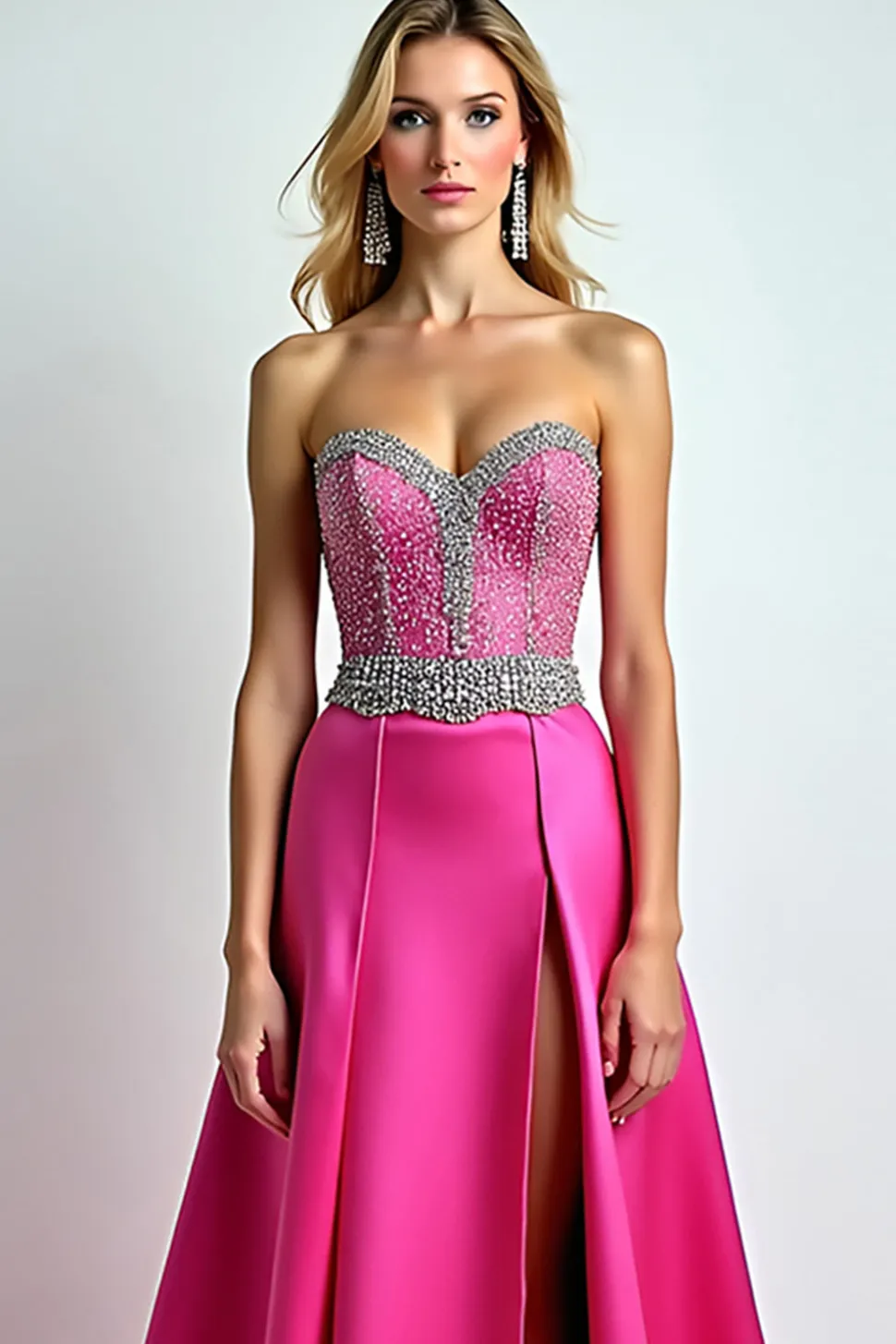 Fúcsia brilhante Uma linha de lantejoulas querida vestido longo baile de formatura com fenda