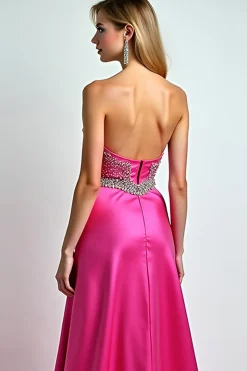 Fúcsia brilhante Uma linha de lantejoulas querida vestido longo baile de formatura com fenda