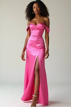 Fúcsia de cetim simples fora do ombro bainha vestido de baile com fenda