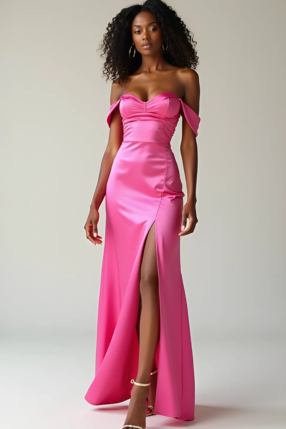 Fúcsia de cetim simples fora do ombro bainha vestido de baile com fenda