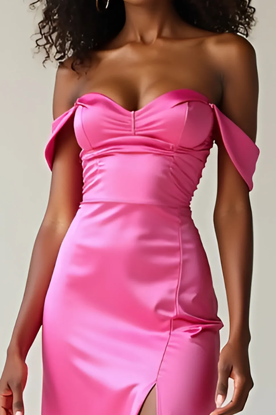Fúcsia de cetim simples fora do ombro bainha vestido de baile com fenda