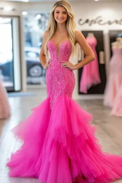 Fúcsia elegante querida sereia tule longo vestido de baile com apliques de renda