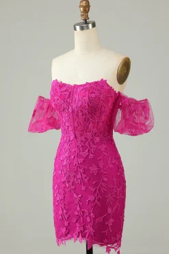 Fúcsia fora do ombro Bodycon Appliques Homecoming Dress