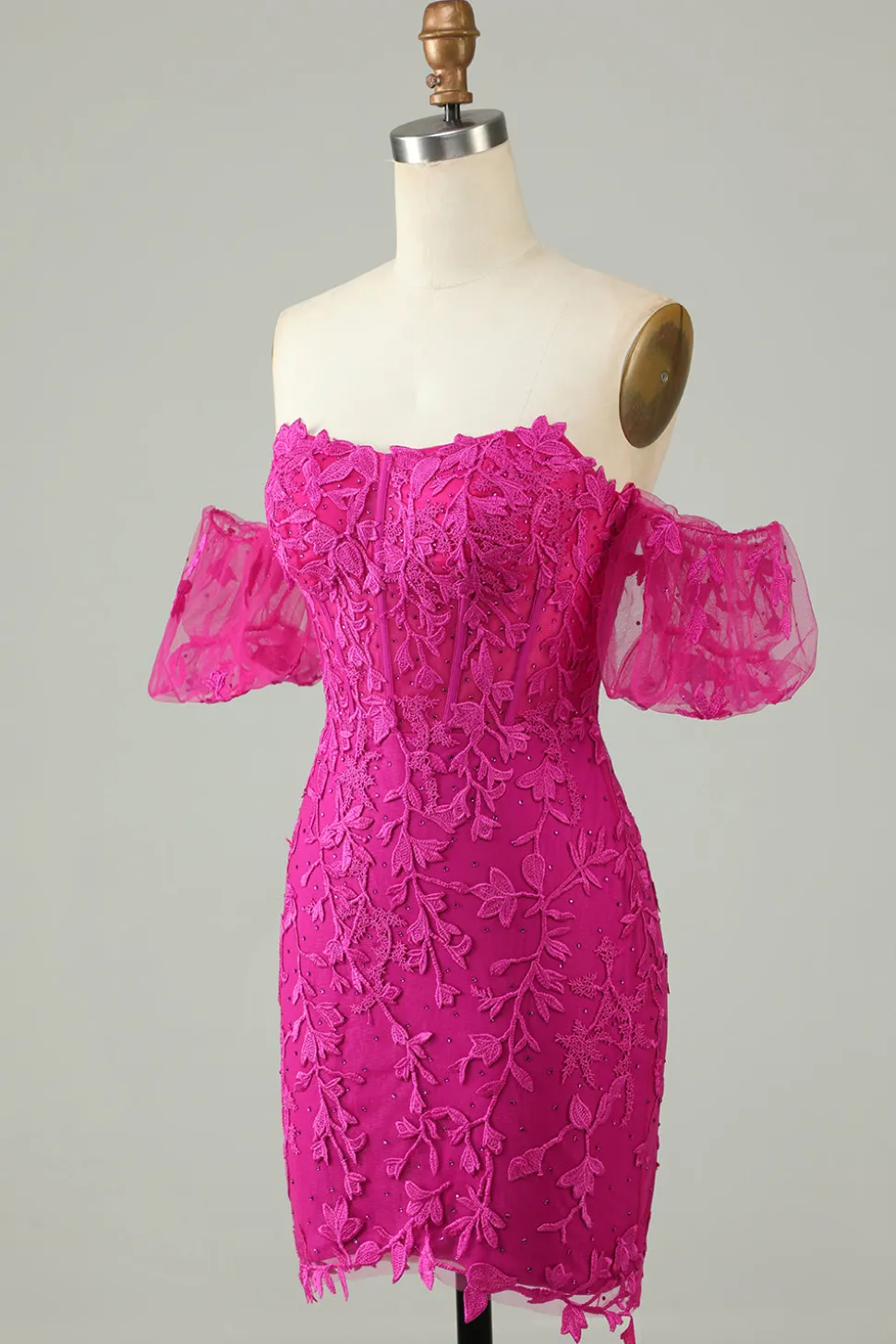 Fúcsia fora do ombro Bodycon Appliques Homecoming Dress
