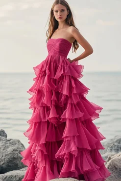 Fúcsia Linha-A Sem Alças Longo Babados Vestido De Baile