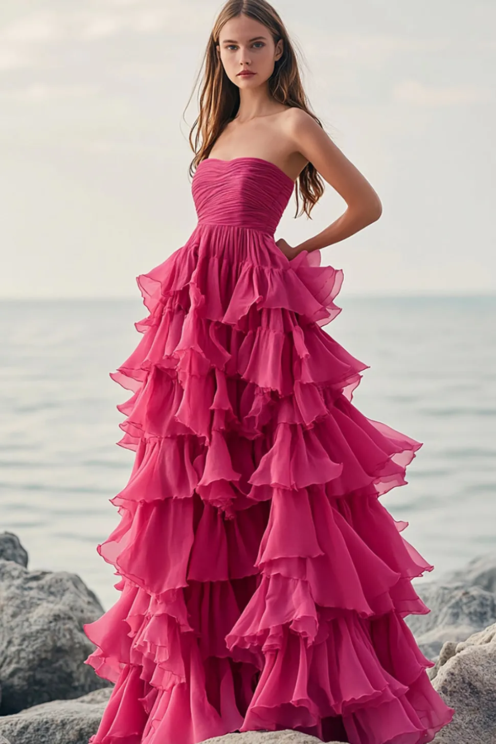 Fúcsia Linha-A Sem Alças Longo Babados Vestido De Baile