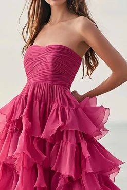 Fúcsia Linha-A Sem Alças Longo Babados Vestido De Baile