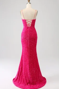 Fúcsia Sereia Esparguete Alças V-Neck Vestido de Baile de Lantejoulas Com Split