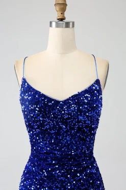 Fúcsia Sereia Esparguete Alças V-Neck Vestido de Baile de Lantejoulas Com Split
