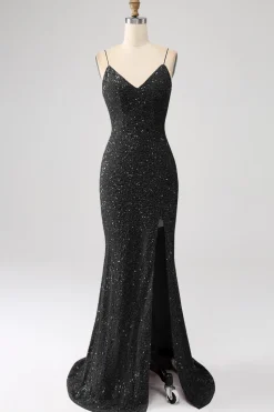 Fúcsia Sereia Esparguete Alças V-Neck Vestido de Baile de Lantejoulas Com Split