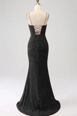 Fúcsia Sereia Esparguete Alças V-Neck Vestido de Baile de Lantejoulas Com Split