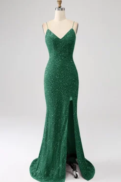 Fúcsia Sereia Esparguete Alças V-Neck Vestido de Baile de Lantejoulas Com Split