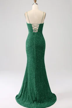 Fúcsia Sereia Esparguete Alças V-Neck Vestido de Baile de Lantejoulas Com Split