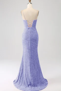 Fúcsia Sereia Esparguete Alças V-Neck Vestido de Baile de Lantejoulas Com Split