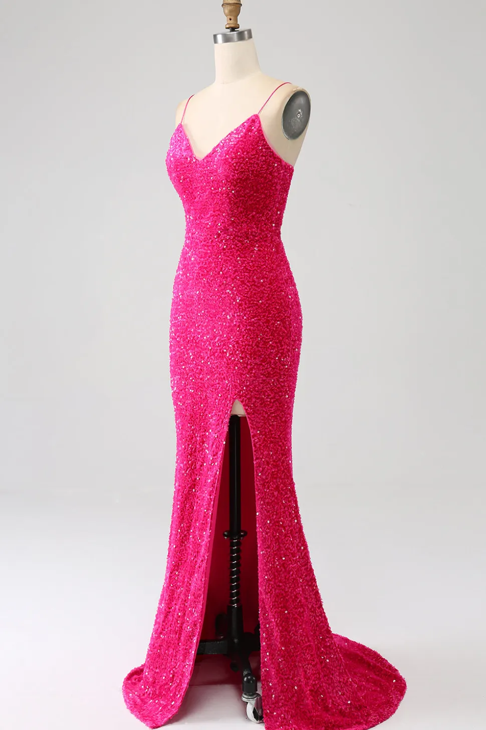 Fúcsia Sereia Esparguete Alças V-Neck Vestido de Baile de Lantejoulas Com Split
