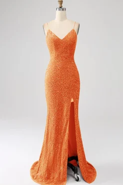 Fúcsia Sereia Esparguete Alças V-Neck Vestido de Baile de Lantejoulas Com Split