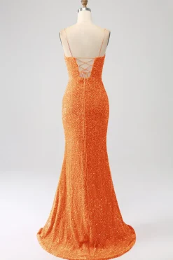 Fúcsia Sereia Esparguete Alças V-Neck Vestido de Baile de Lantejoulas Com Split
