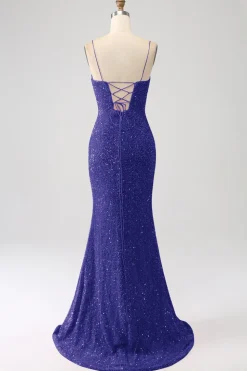 Fúcsia Sereia Esparguete Alças V-Neck Vestido de Baile de Lantejoulas Com Split