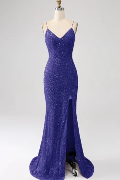 Fúcsia Sereia Esparguete Alças V-Neck Vestido de Baile de Lantejoulas Com Split