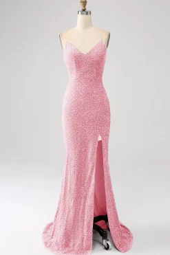 Fúcsia Sereia Esparguete Alças V-Neck Vestido de Baile de Lantejoulas Com Split