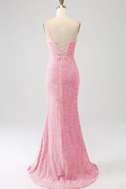 Fúcsia Sereia Esparguete Alças V-Neck Vestido de Baile de Lantejoulas Com Split